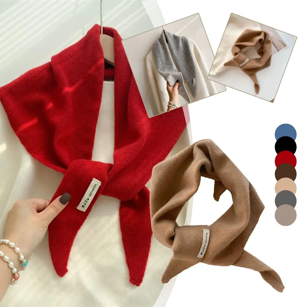 Korean Wool Triangle Scarfs Women Kawayi Hijab Knitted Scarf with Labels Winter Striped Knitted Triangle Scarf Compact Cute Warm