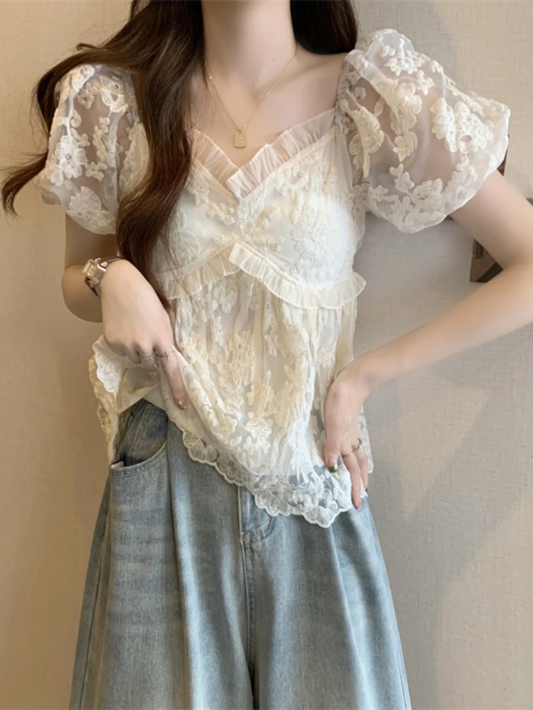 Fashion Elegant Blouses V Neck Puff Sleeve Solid Color Ruffles Plus Size Crop Tops All Match Summer Casual Loose Women Clothing