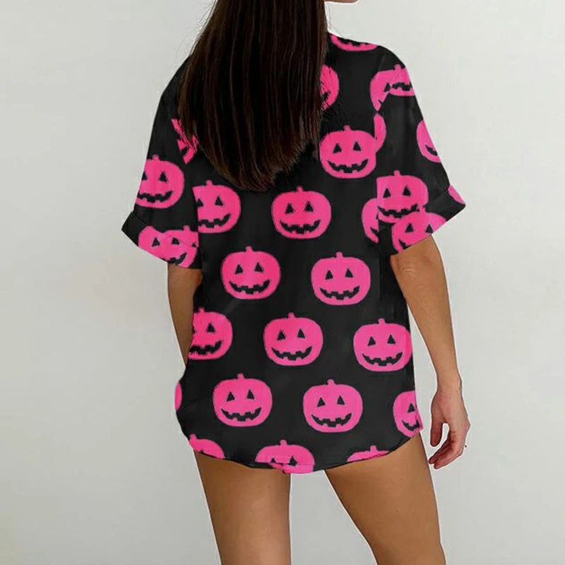 HEZIOWYUN Women 2Piece Halloween Pajamas Set Cute Print Satin Short Sleeve Button Up Shirt Elastic Waist Shorts Sleep Loungewear
