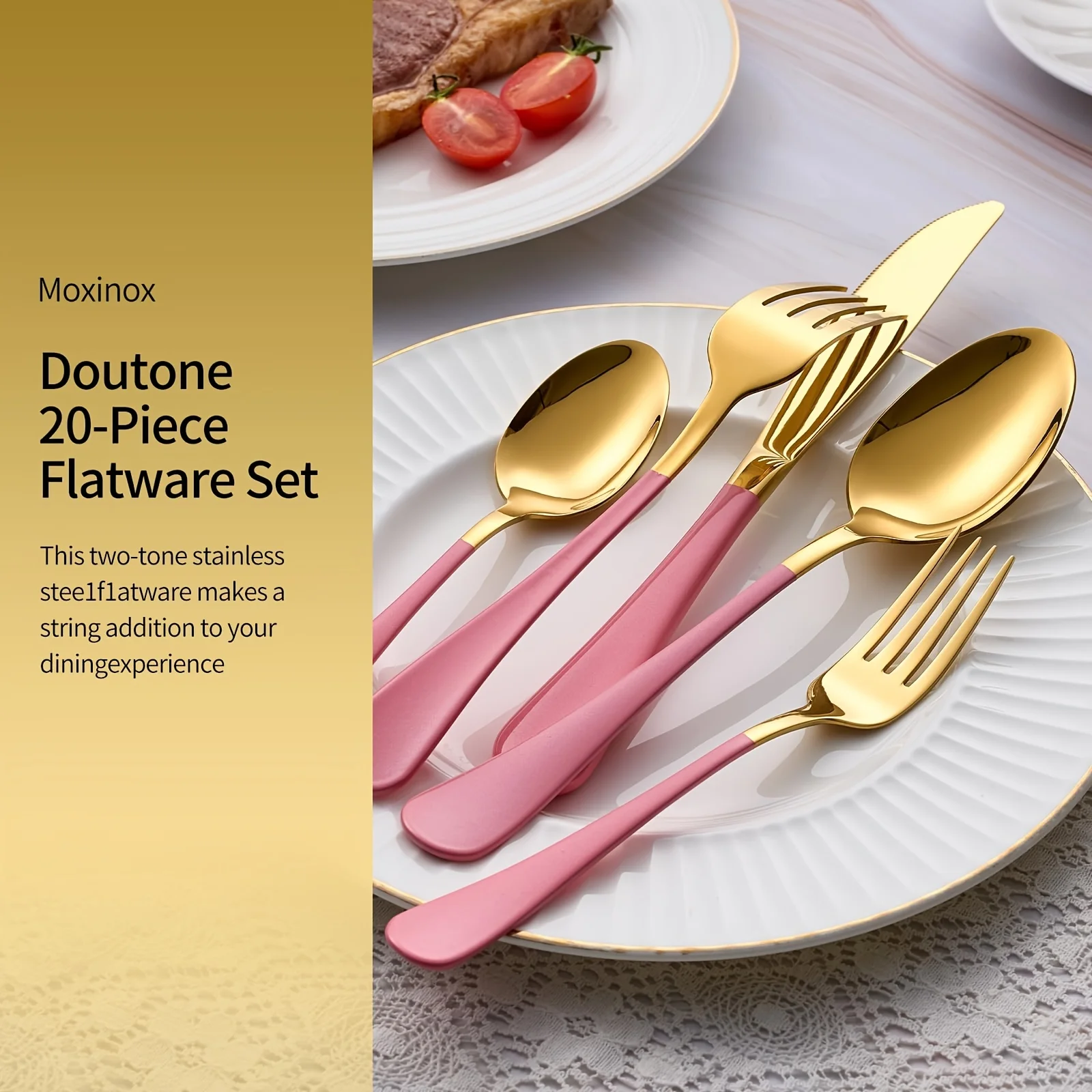 12/24-Piece Gold and Pink Stainless Steel Cutlery Set, Including Western-Style Forks and Spoons, Dishwasher-Safe Cutlery Set Sui
