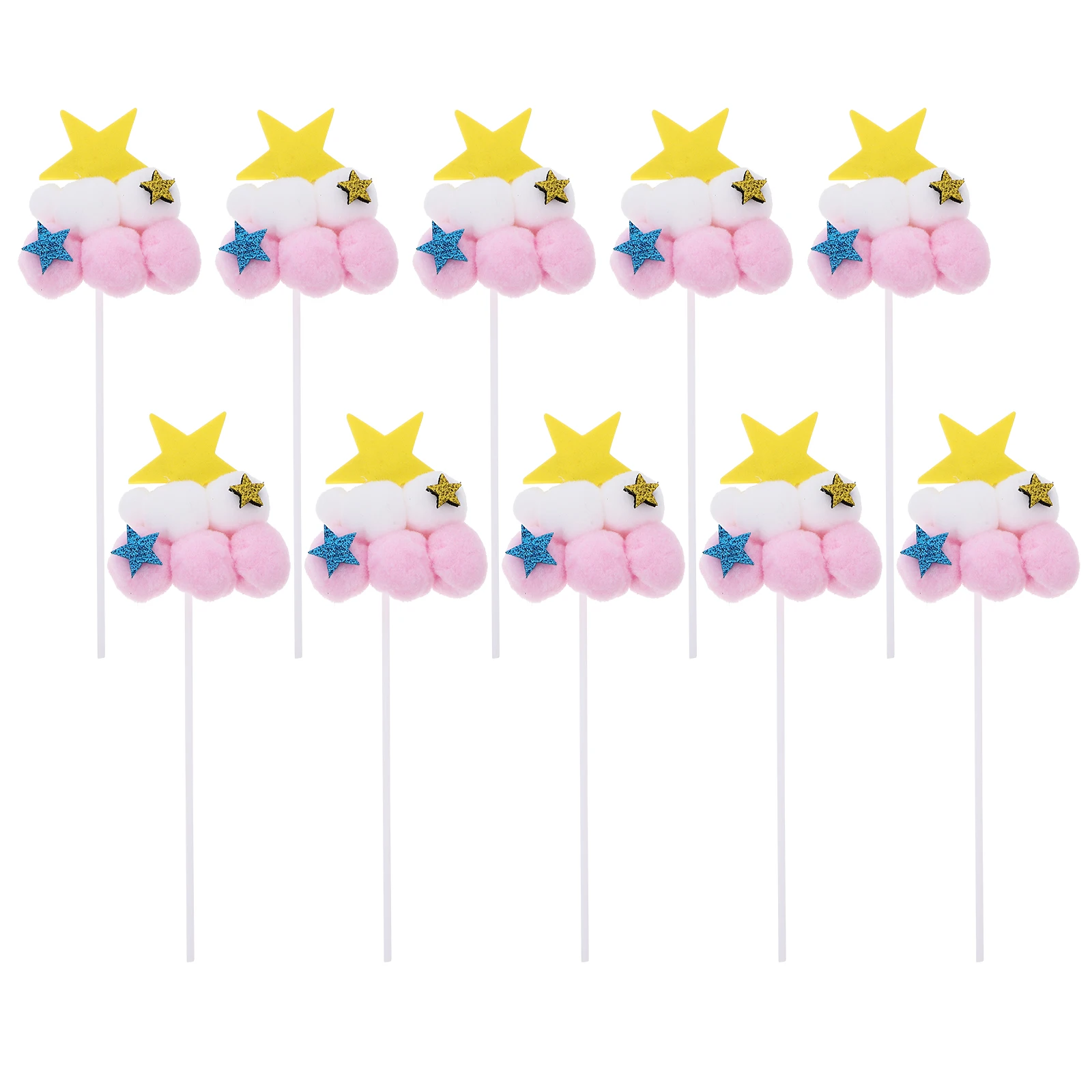

10 Pcs Star Picks Yellow Pom Poms Decorative Cake Toppers Happy Birthday Dessert Picks Party Decorations Newborn Photo Props