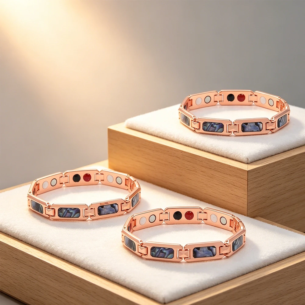 3Pcs/Set Rose Gold Magnetic Therapy Bracelet, Abalone Shell Inlay Stainless Steel Link Wristband, Fashion Health Jewelry for Wom