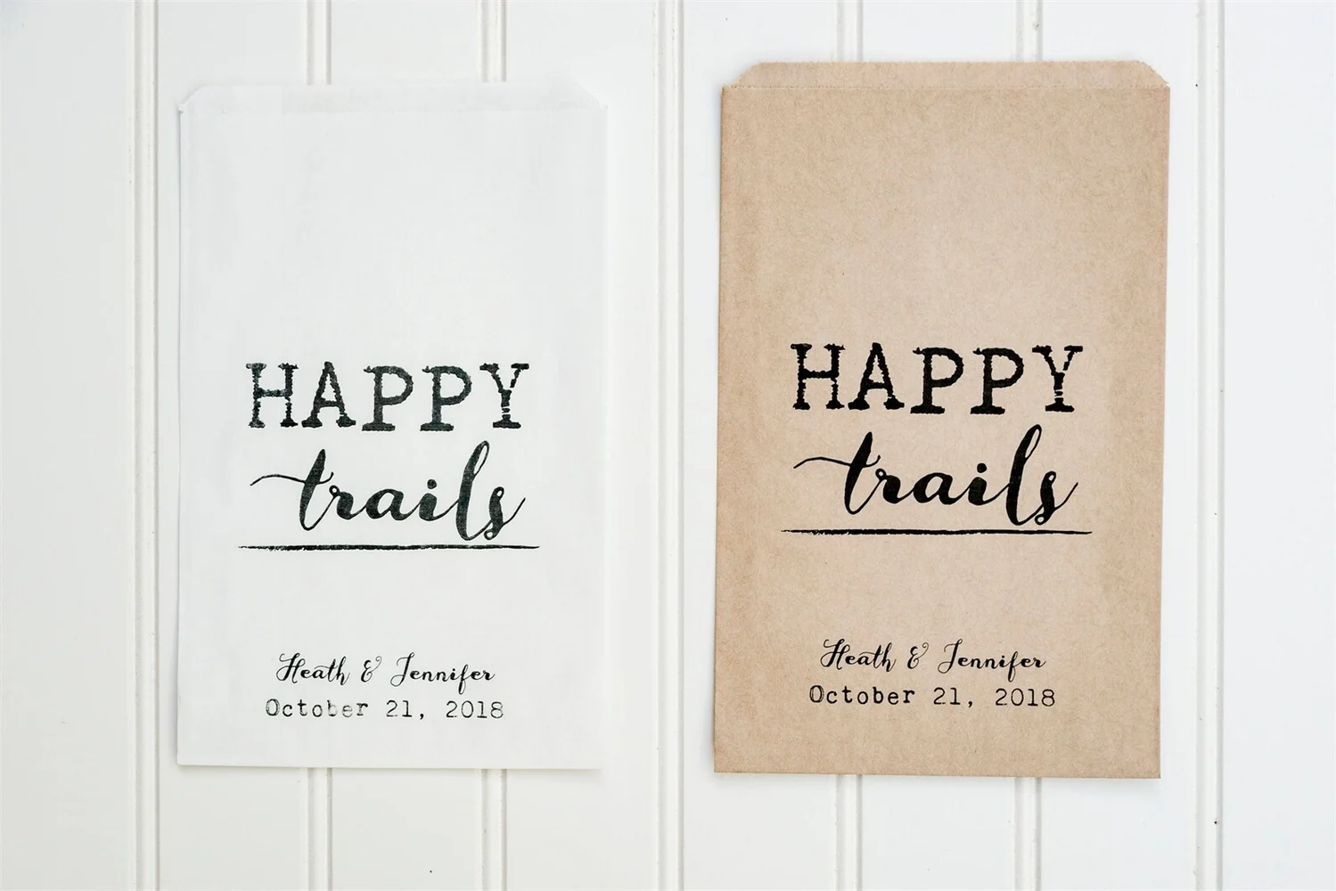 50pcs Happy Trails Personalized Wedding Favor Bags - Trail Mix Bar, Rehearsal Dinner, Engagement Party