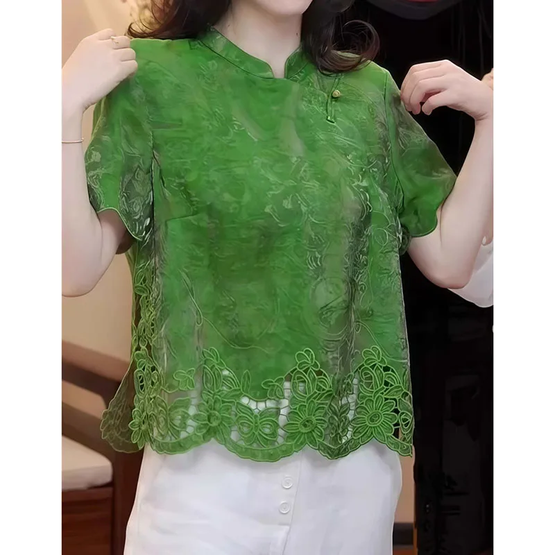 Green Patchwork Lace Hollow Out Short Sleeve Blouse Women Chinese Style Tops Stand Collar Silk Summer Shirts Soft LadiesTshirt