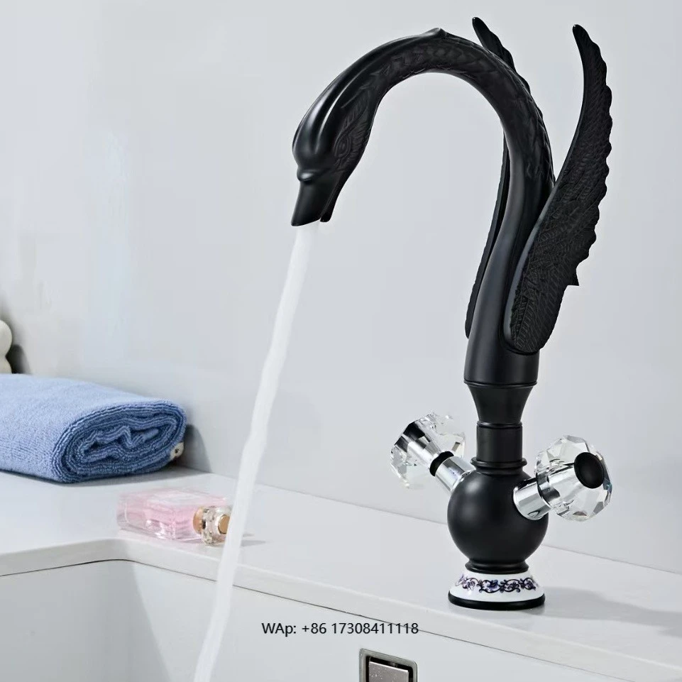 Deluxe Gold Double Handle Brass Swan Washroom Faucet Single Hole Mounted Hot and Cold Wash Bin Mixer Faucet Swan Shaped