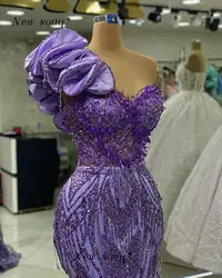 Purple Ruffles One Shoulder Long Mermaid Evening Dresses Shiny Crystals Sweetheart Neck Prom Night Party Gowns for Women Dinner