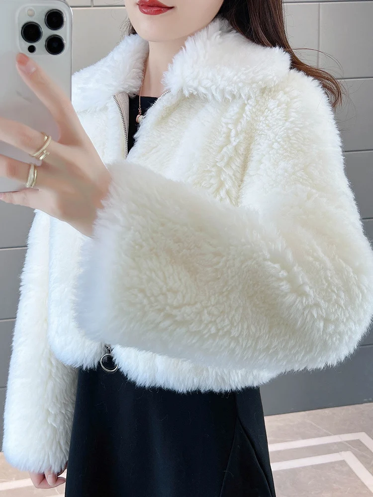 Real Lamb Fur Coat Women's Short Sheep Cut Fleece Coats 2023 Winter New Female Clothing Sweet Ladies Outwears Clothes for Women