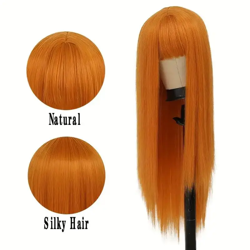Orange Synthetic Wig Long Straight Hair Halloween Wig Cosplay Wig Role-Playing Party Wig Heat-Resistant Hairnet