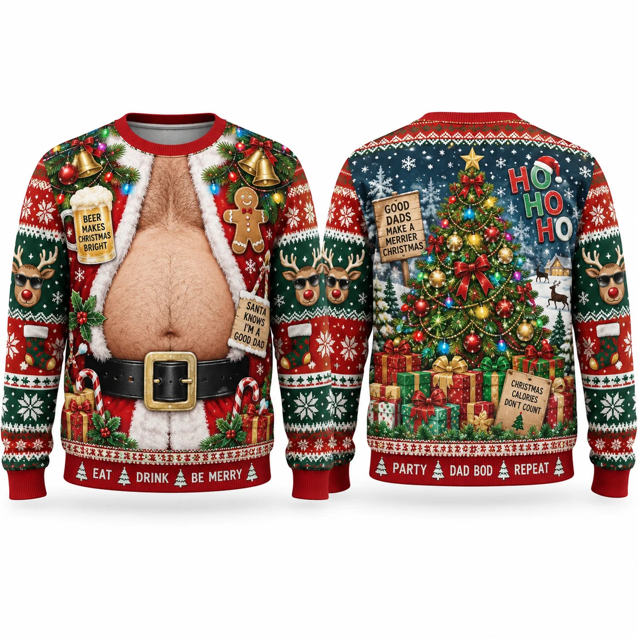 Dad Bod Ugly Christmas Sweater Santa Belly Print Sweaters with Beer BBQ and Tropical Xmas Art Fun Crewneck Party Outfits