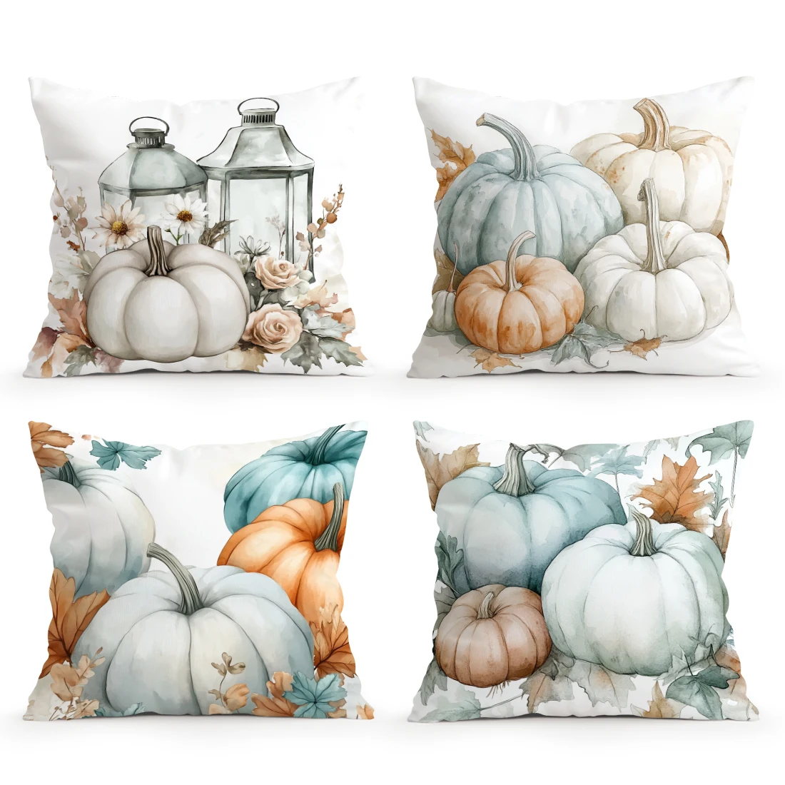 4pcs Set Autumn Watercolor Style Pillowcase Pumpkin Lantern Daisy Rose Maple Leaf Pattern Thanksgiving Living Room Sofa Cushion