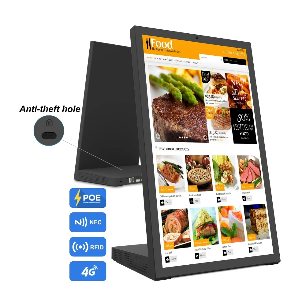 

Desktop Shape L Tablet Digital Signage Touch Screen POE NFC/RFID for Tablet Evalu Bank Kitchen Display Retail Store Display