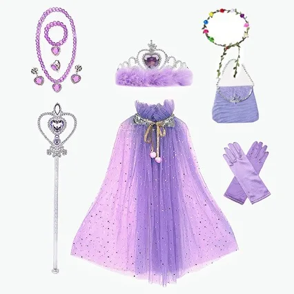 Kids Princess Mesh Shawl Tiara Crown Magic Wand Set With Hair Accessories Headband For Girls Birthday Halloween Festival Party