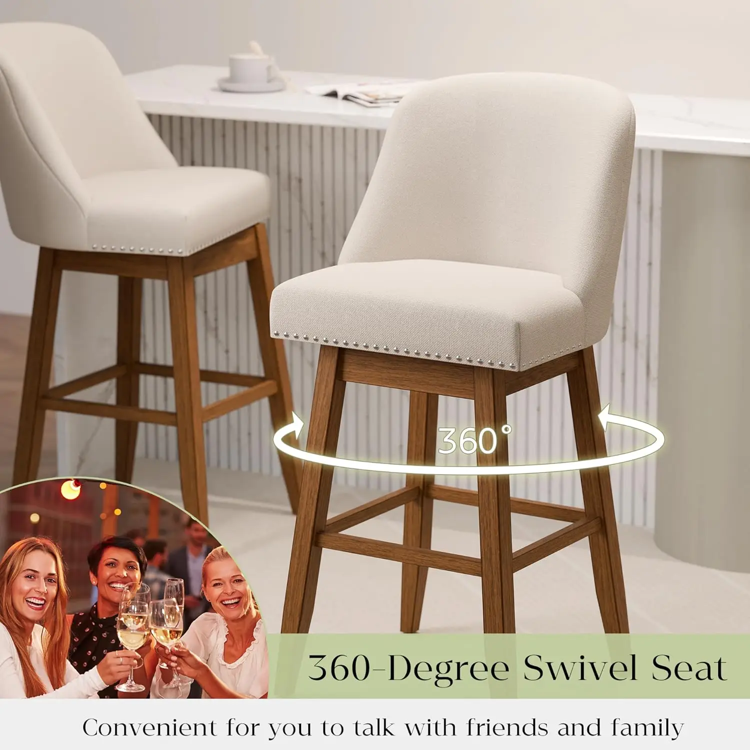 Taburetes de Bar Giratorios con Altura de Mostrador, Juego de 2 Taburetes Tapizados con Altura de Asiento de 30 Pulgadas, Patas de Madera Maciza con Reposapiés, Personalizables