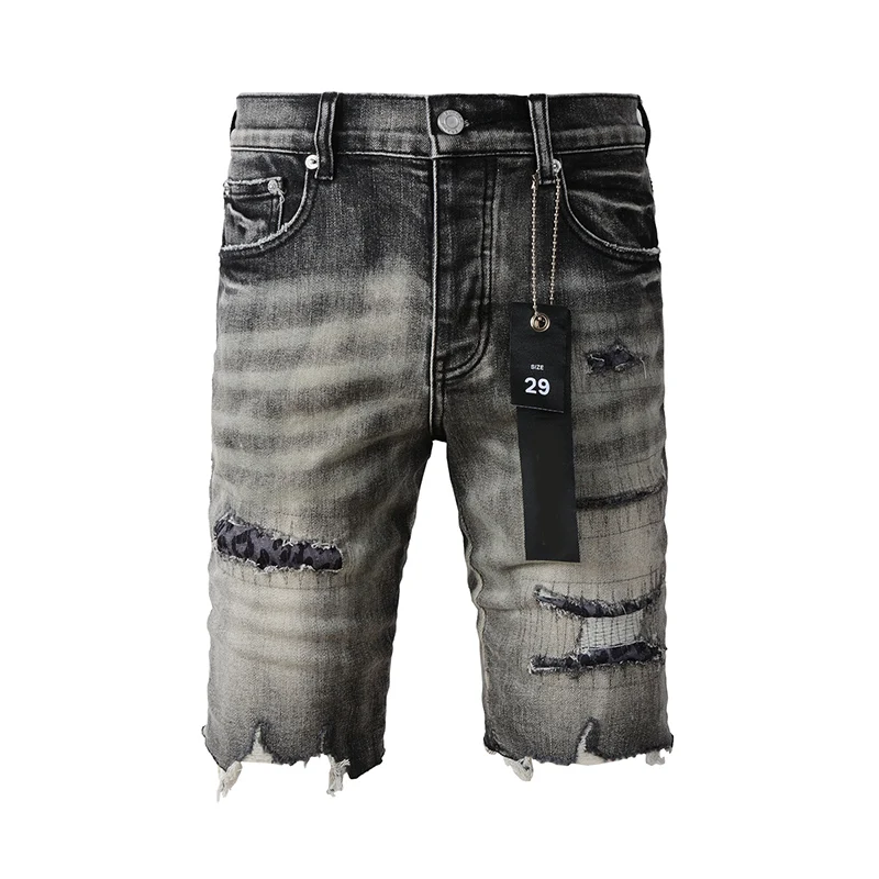 

Black Gray Streetwear Distrssed Summer's Scratched Blue Holes Jean Shorts Ripped Denim Shorts