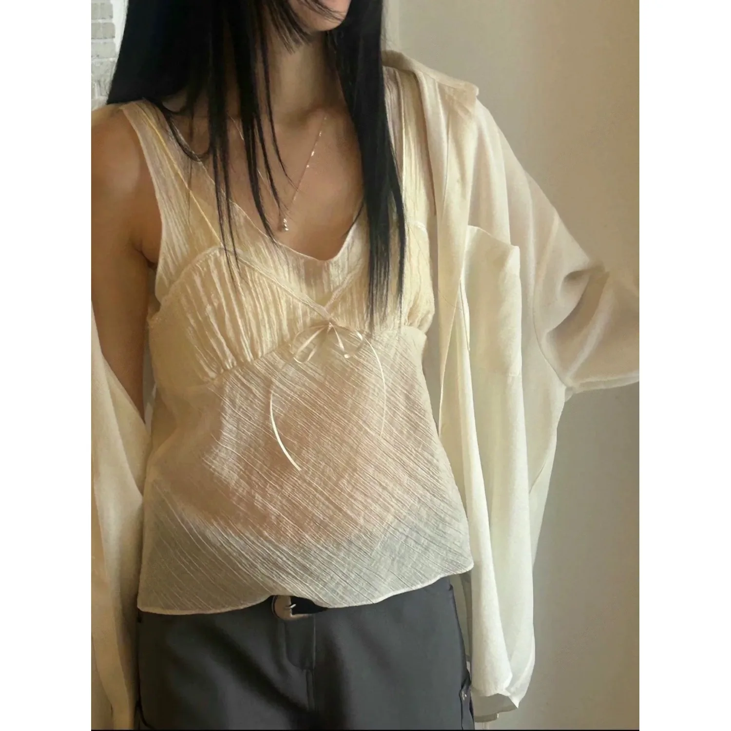 Sexy Inner Wear Folded Texture Strap Vest Casual Style Women's Short Length Top Chinese Production Summer Season Fashion