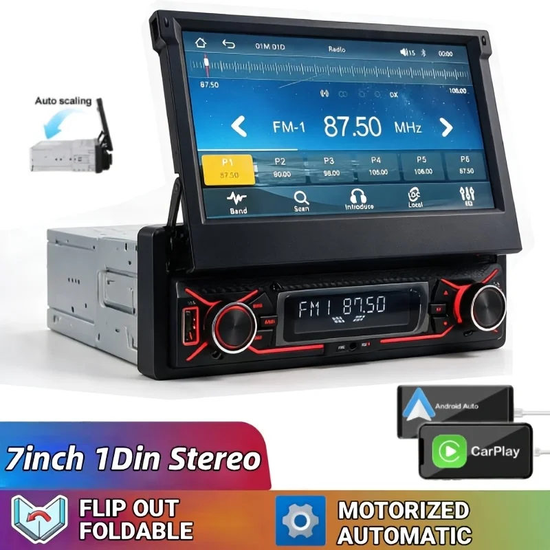 1DIN 7.0inch Motorized Flip Out Touchscreen Car Stereo, Single Din MP5 Player with Wired Carplay & Android Auto Mirror Link BT