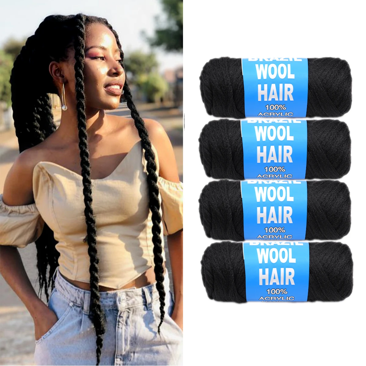 Schwarzes brasilianisches Woll-Acrylgarn für afrikanische synthetische Haarverlängerungen zum Häkeln, Jumbo-Zöpfe, Twist-Wraps, 70 g/Rolle – Detail 9