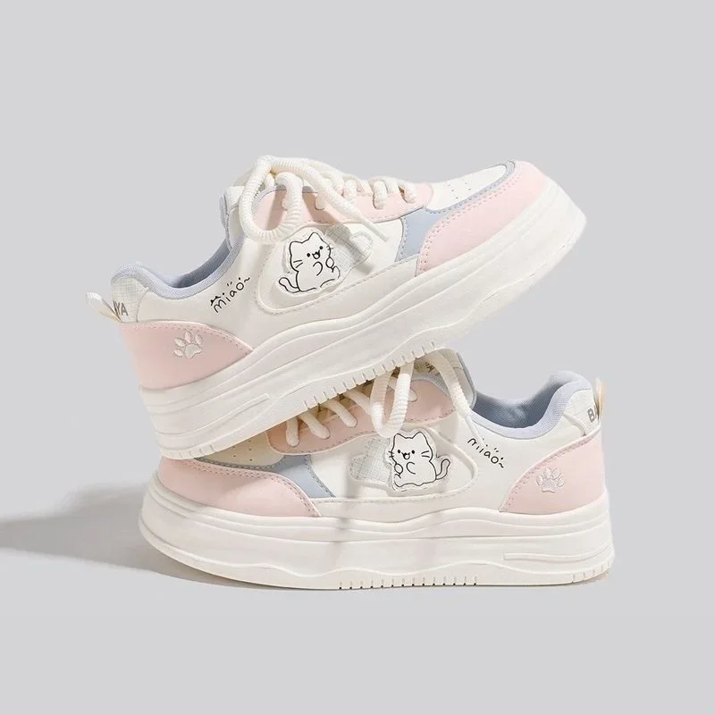 Niedliche Katzenpfoten-Absatz-Print-Plateau-Skate-Sneaker für Damen, blaue Kunstleder-Schnürschuhe, lässige, einfarbige Board-Schuhe für Teenager. – Detail 28
