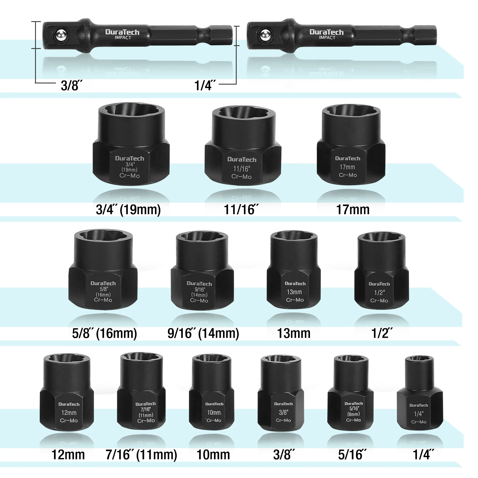 DURATECH 15PCS Impact Bolt&Nut Remover Set 3/8” Drive Bolt Extractor Socket Tool Set with 2 Hex Adapters Car Repair Tool