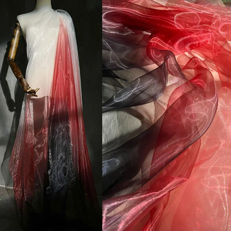 Red and Black Gradient Liquid Texture Gloss Watery Gauze Fabric Soft Sheer Hanfu Big Sleeve Shirt Designer Fabric