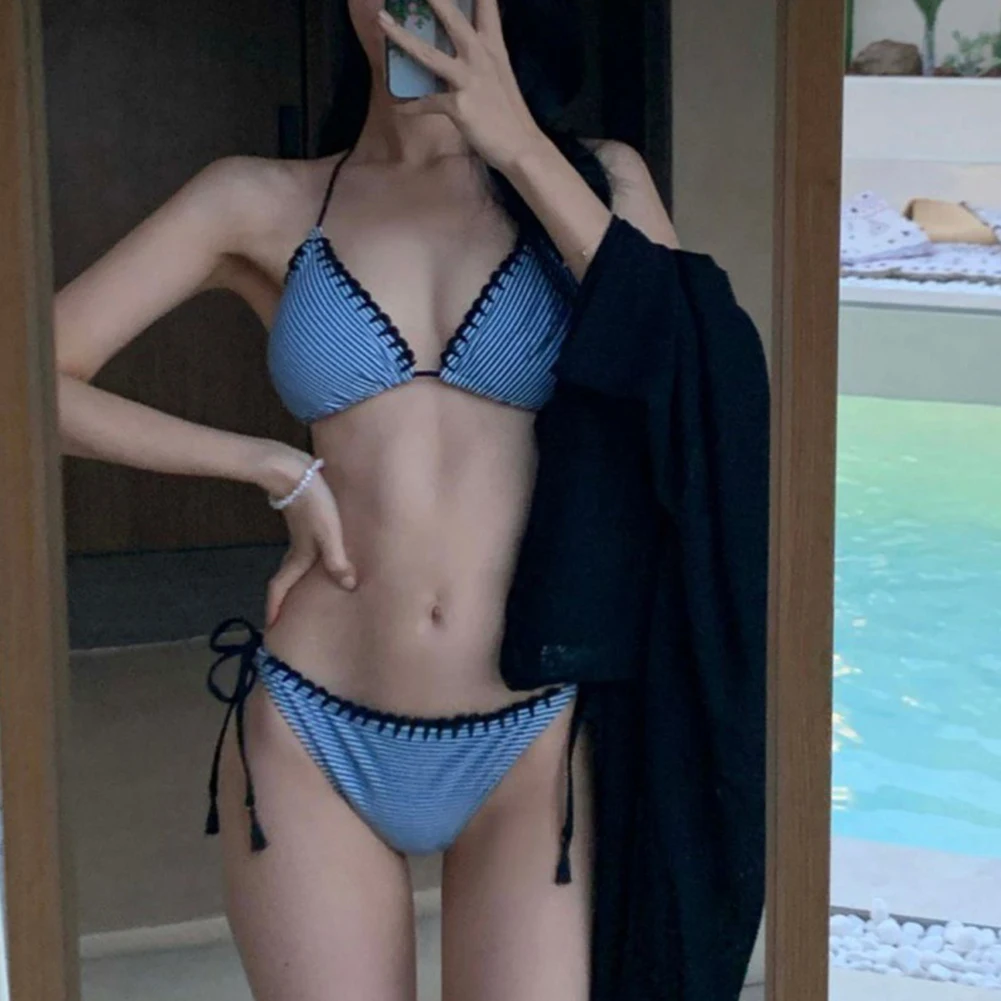 Mode polyvalent Bikini pour femmes bas été maillots de bain rayé deux pièces maillot de bain Style décontracté microélasticité