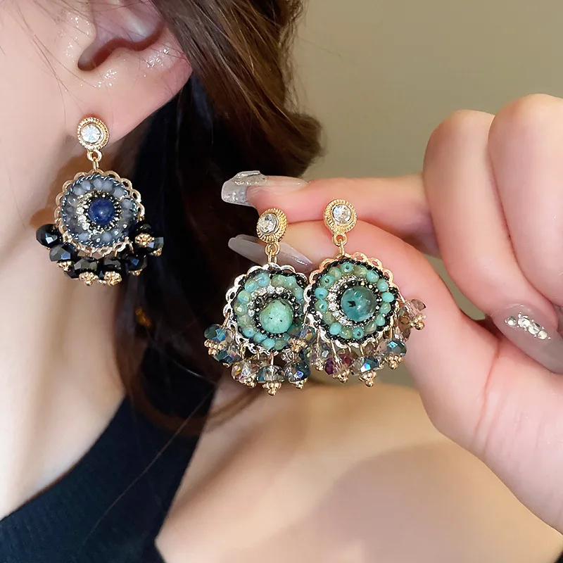 

Ajojewel Glass Crystal Beaded Statement Earrings Green/Blue Ethnic Tassel Jewelry For Women