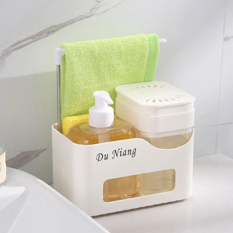 1pcs Hand Soap Dispenser Plastic Kitchen Sink Organizer with Sponge Brush All-in-One Pump