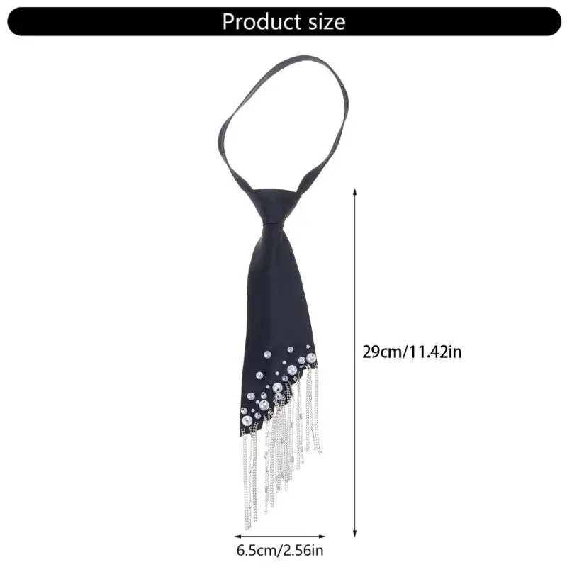 652F ارتداء ربطة عنق سوداء من الحرير مع تفاصيل هامش سوينغ وربطة عنق من اللؤلؤ المقلد لتزيين حفلات الزفاف والمكتب