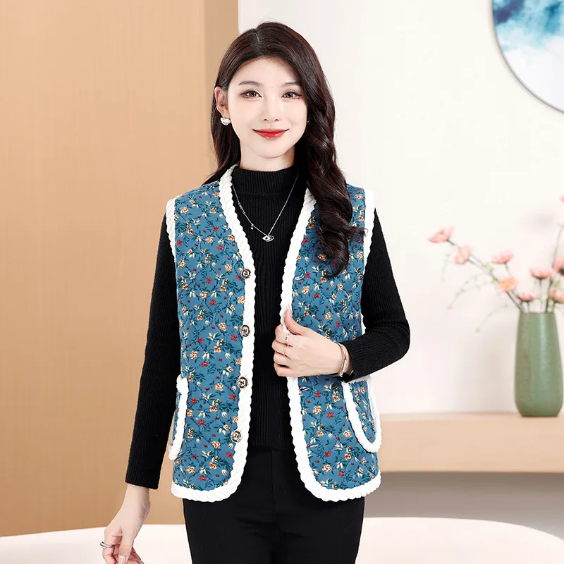 Women's Northeast China Characteristic Vest Autumn and Winter Cotton Clothes for the Elderly Velvet Warm Floral Jacket