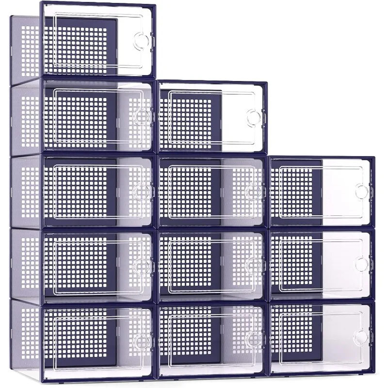 X-Large Shoe Storage Boxes Organizers Clear Plastic Stackable 12 Pack, Shoe Rack & Holder Substitute, Sneaker Containers