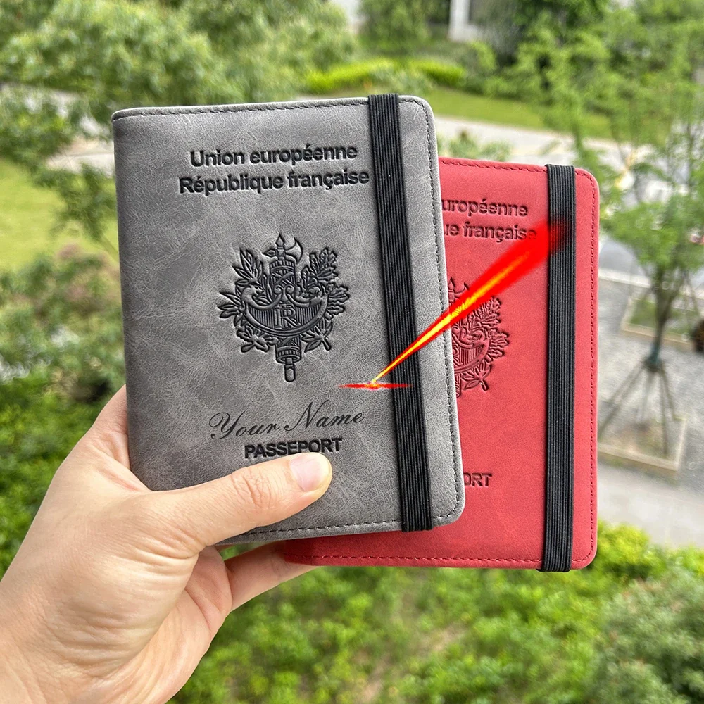 Capa personalizada para passaporte francesa com nomes, capa retrô de couro pu para passaporte, capa para passaporte de viagem gravada personalizada