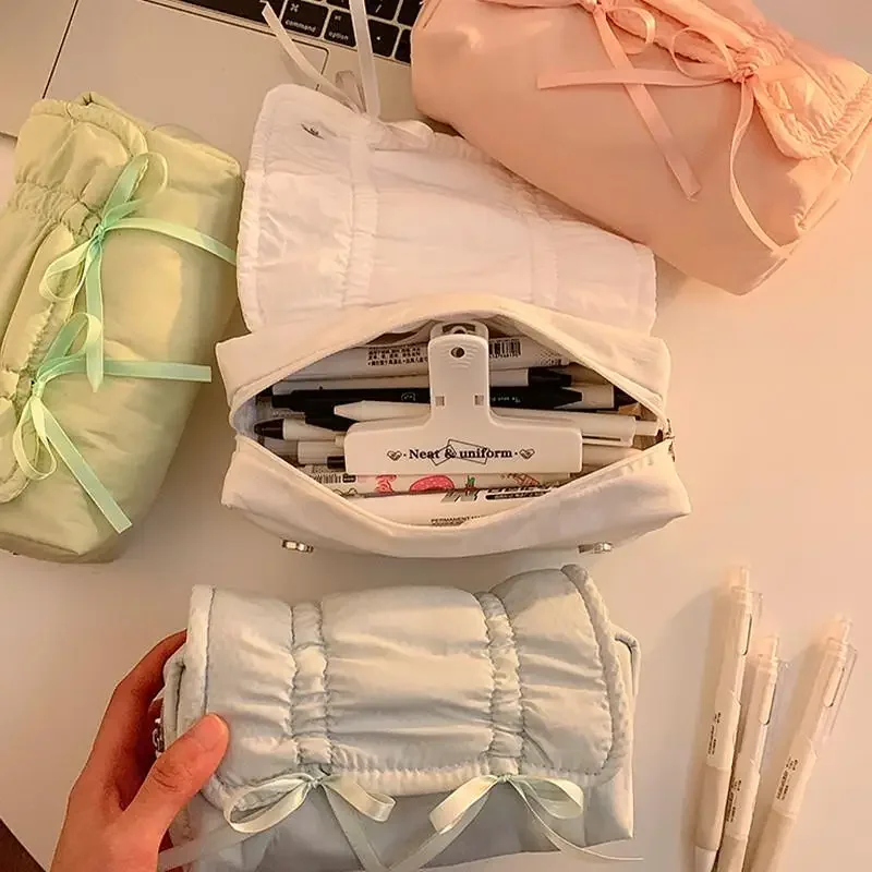 1 قطعة الإبداعية كوريا نمط القوس مقلمة سعة كبيرة متعددة الطبقات تخزين الرباط أكياس قلم رصاص اللوازم المكتبية حقيبة التخزين