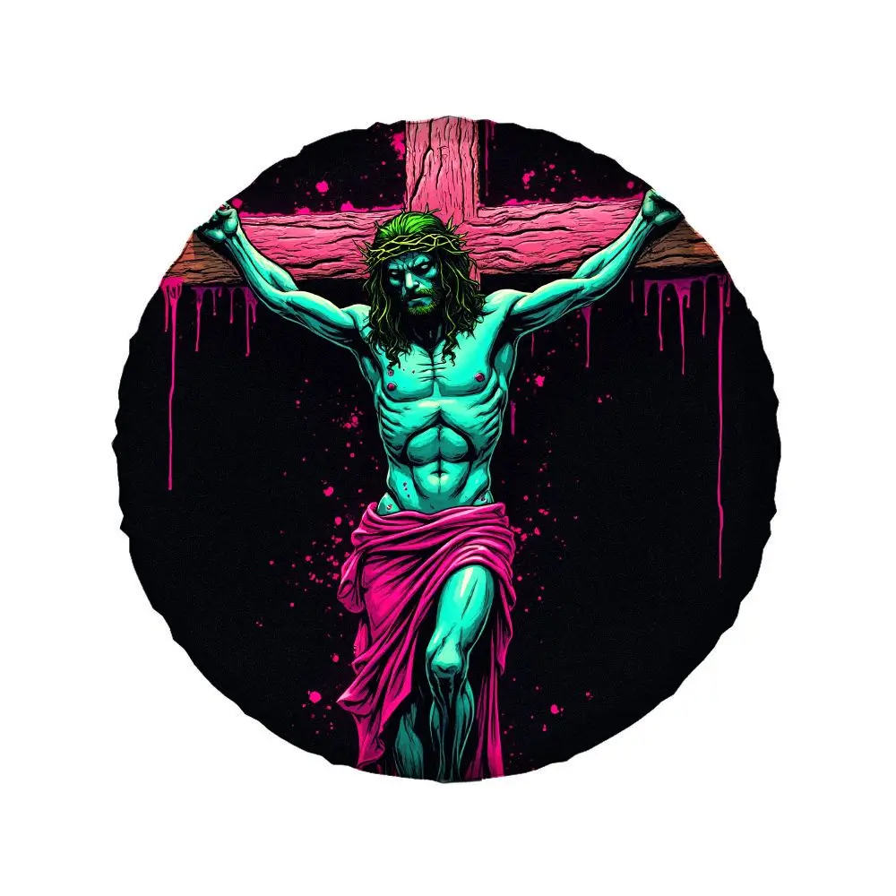 Graffiti Jesus Crucifixion Spare Tire Cover Artistic Street Style Waterproof Polyester Outdoor Accessory