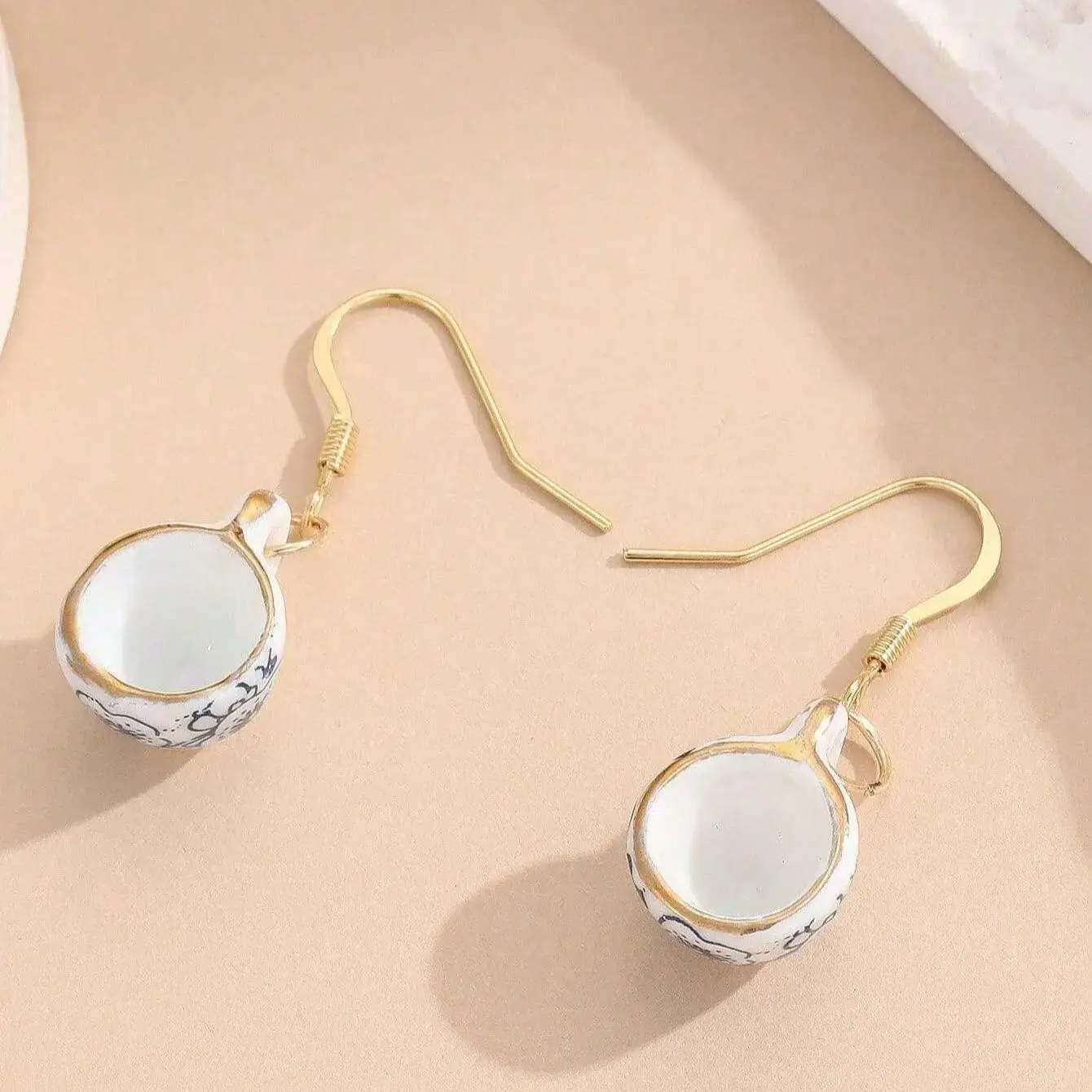 Chinese Style Cup Shaped Ceramic Earrings Ink Blue Pattern Hook Earrings Vintage Elegant Unique Trendy Jewelry For Women