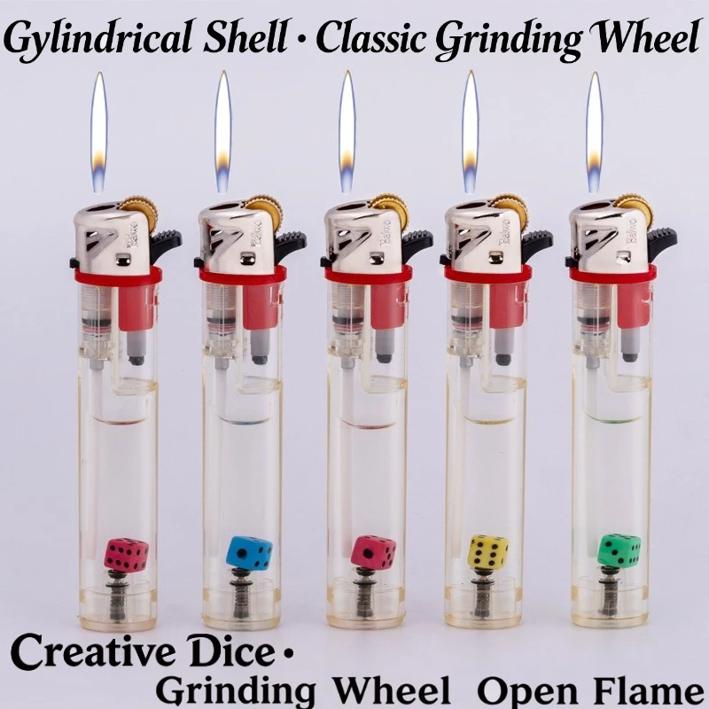 Retro Flint Wheel Lighter with Dice Inside, Transparent Cylindrical Open Flame Gas Lighter, Durable & Explosion-Proof Lighter