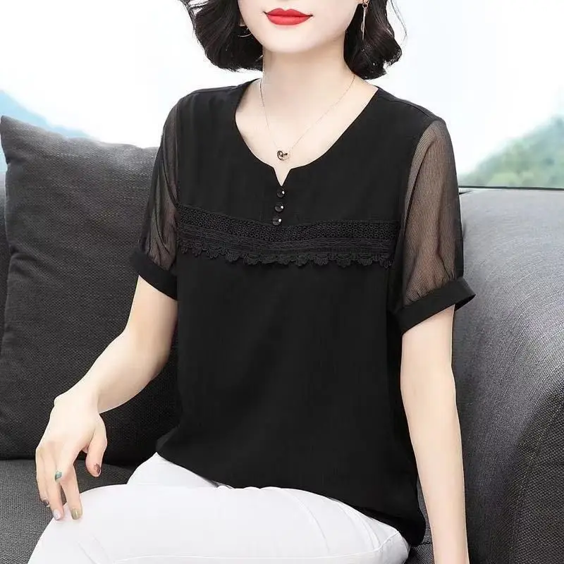 New Summer Women\'s Solid O-Neck Short Sleeve Loose Plus Size Classic Blouse Patch Lace Fashion Casual All Match Commute Tops