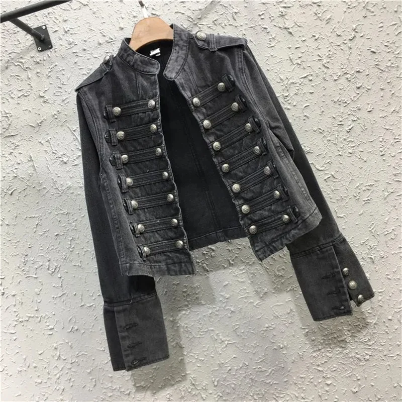 

New 2026 Women's Spring Autumn Denim Coat Heavy Punk Motorcycle Denim Jacket Short Stand-Up Collar Cowgirl Jeans Jackets Tops