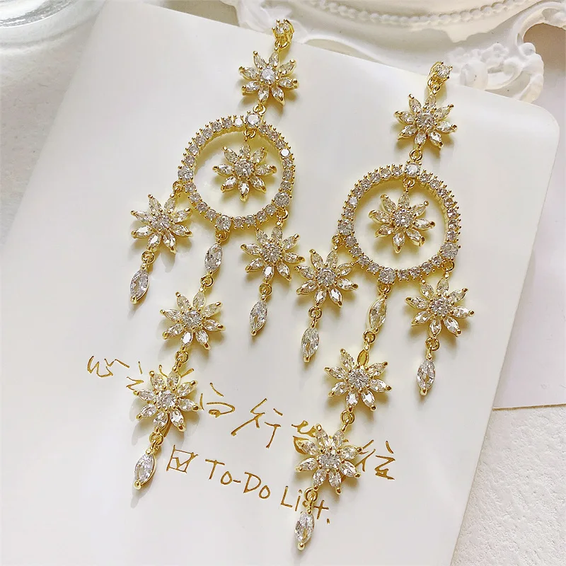 925 Luxurious Zircon Taseel Flowers Dangle Earrings for Women Fashion Geometry Round Long Drop Earring Female Party Fine Jewelry