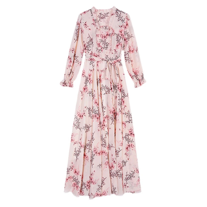 Female Pink Floral Chiffon Maxi Dress Spring Autumn Casual Boho Ruffled Collar Beach Dress 2024 Vintage Bodycon Party Long Dress