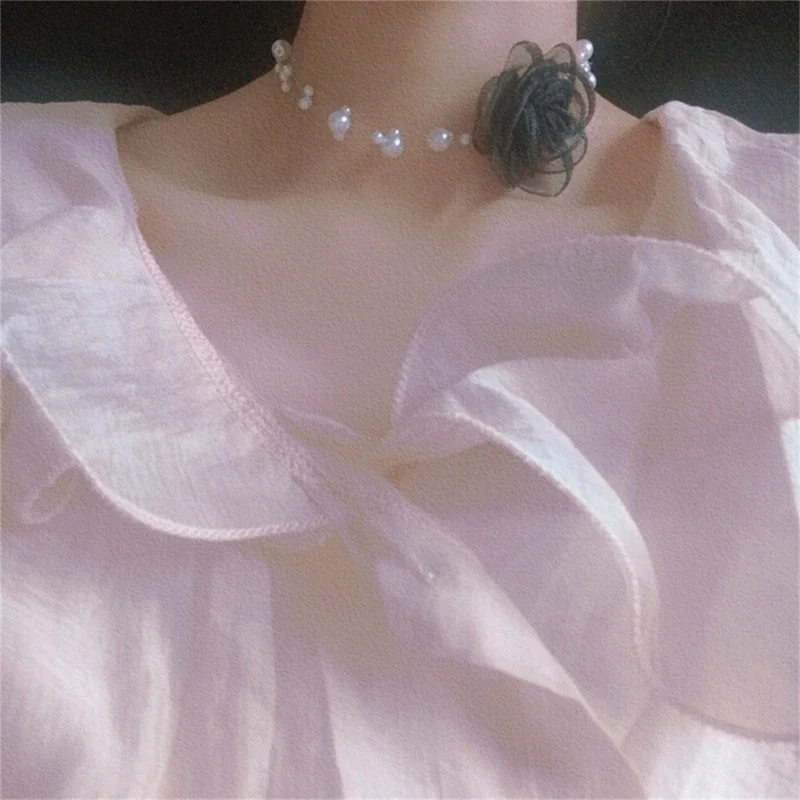 Gargantilha de renda pérola com flor rosa, clavícula, colar vintage, gargantilha de camélia, gótica