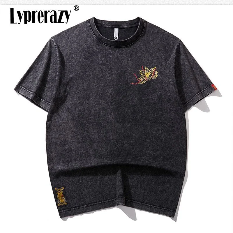 

Lyprerazy New Retro Chinese Style Lotus Embroidery Short-sleeved T-shirt Summer National Tide Loose Men's Tee Shirt