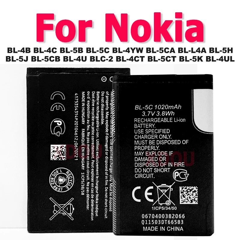 BL-4C BL-5C BL-5K BL-4CT Battery For Nokia 2630 6100 5140 1100 1110 5230 N72 3310 5630 3720 N85 Lumia 925 535 630 225 Asha 300