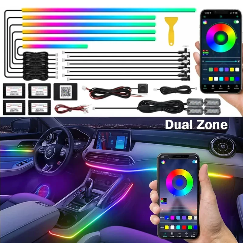 

Dual Zone 18 In 1 Car Ambient Lights Universal Full Streamer 64 Color RGB Symphony LED Interior Acrylic Strips Atmosphere Lamp