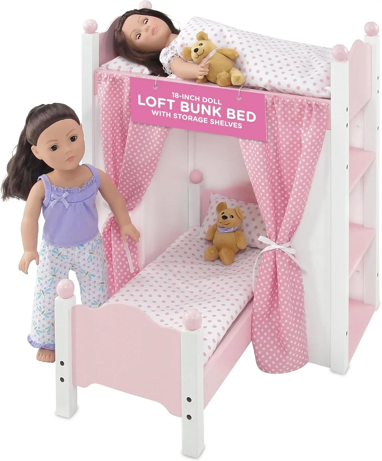 Doll Loft Bunk Bed for 18 Inch Dolls, Baby Doll Bunkbed with Storage Shelves, Bedding & Ladder, Mini Furniture Organizer Shelf