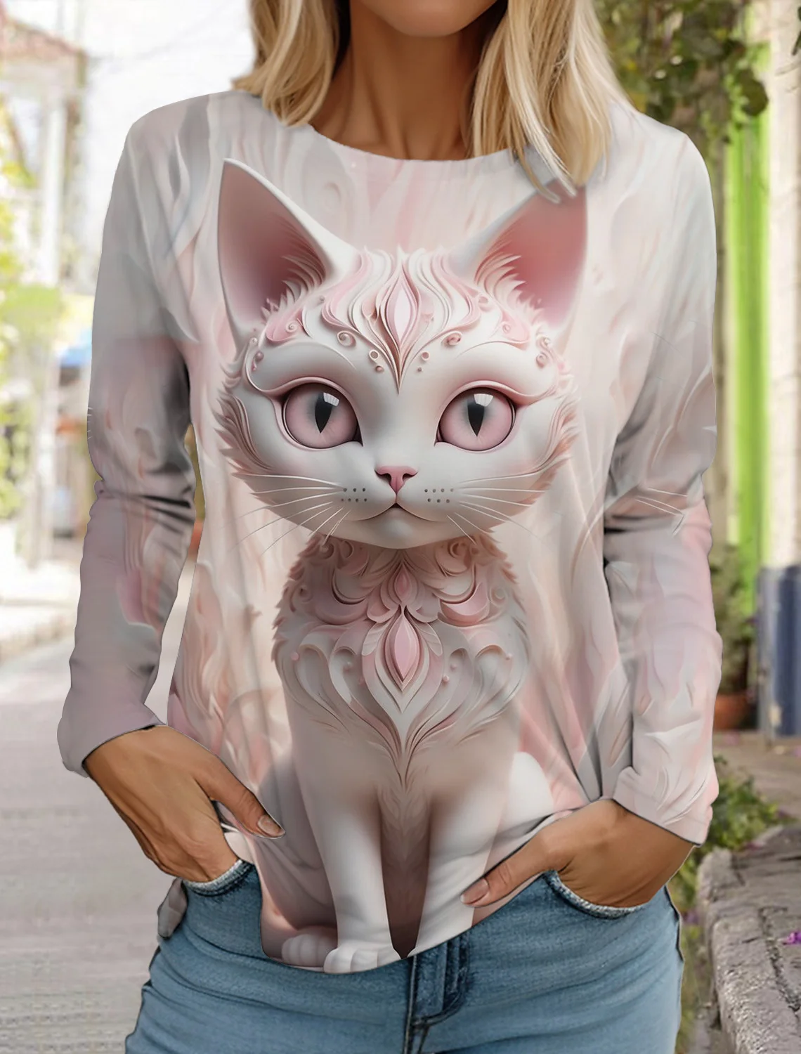 2024 Autumn and Winter Women\'s Long Sleeve 3D Printed Kitten Cute Print T-Shirt Women\'s Streetwear Round Neck Long Sleeve