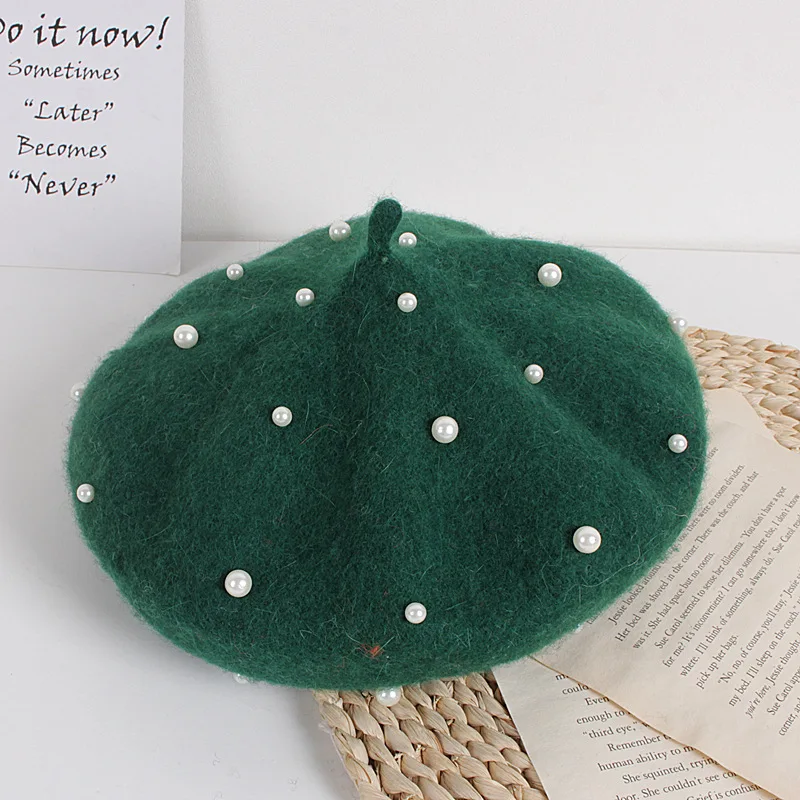 Spring Autumn Vintage Rivet Pearl Girl Baby Berets Wool Solid Color Girls Beret Hat Christmas Bonnet Caps Painter Cashmere Hat