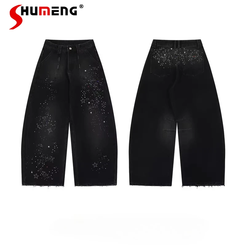 

Fashion Starry Sky Rhinestone Wide-Leg Jeans Men Women 2026 Spring New High Street Denim Trousers Trendy Curved Jeans Long Pants