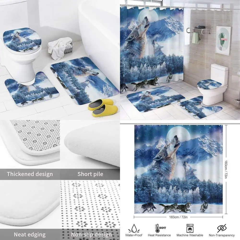 Juego de cortina de ducha Fantasy Forest Galaxy Wolf con lobos de montaña nevados, alfombras antideslizantes, cubierta para tapa de inodoro y alfombrilla de baño