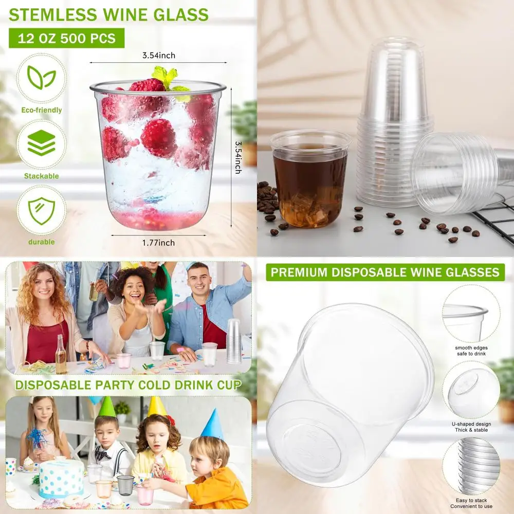 

12 oz Clear Plastic Stemless Wine Glasses - 500 Pack for Weddings, Parties, and Special Events