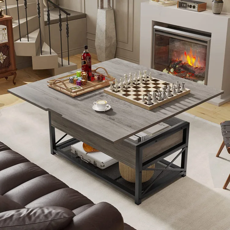 Cross-border wooden multi-functional lifting folding coffee table household indoor living room coffee table large-capacity stora